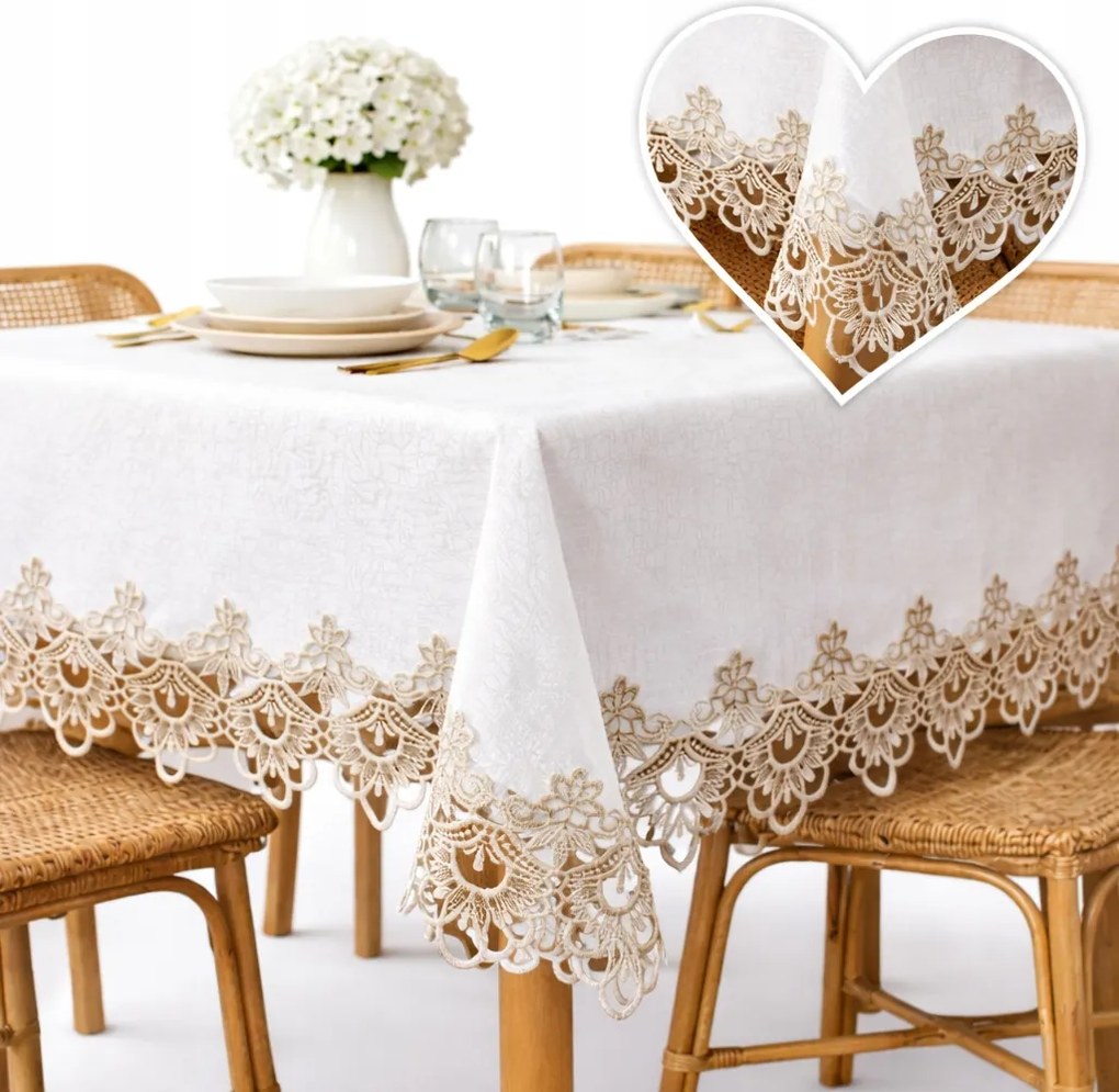 Abrosz asztalra Nagy Fehér, barna gipiurával Foltálló téglalap alakú 140x220