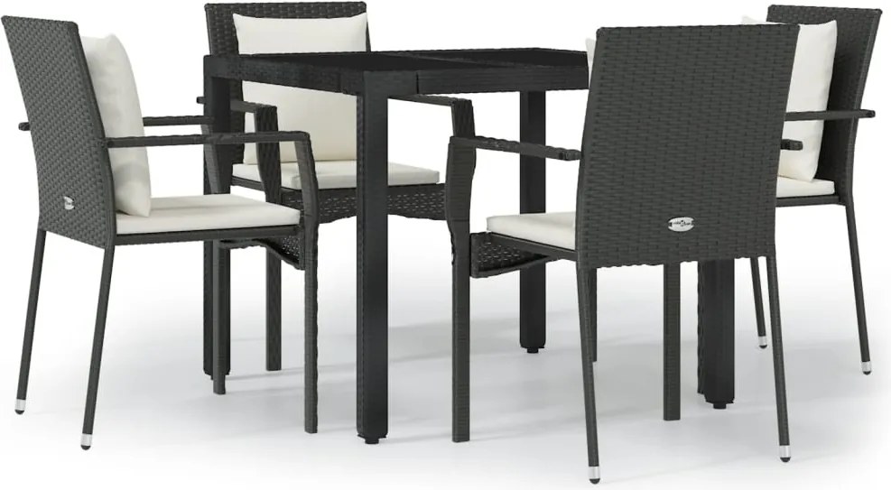 vidaXL 5 részes fekete polyrattan kerti étkezőgarnitúra párnákkal
