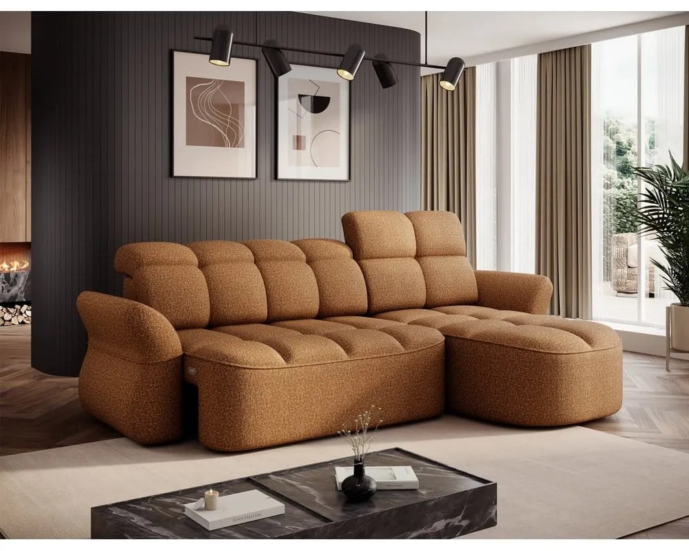 Sárga-barna bársony kinyitható-tárolóhelyes sarokkanapé (jobb oldali-heverő résszel) Beneth – ELTAP