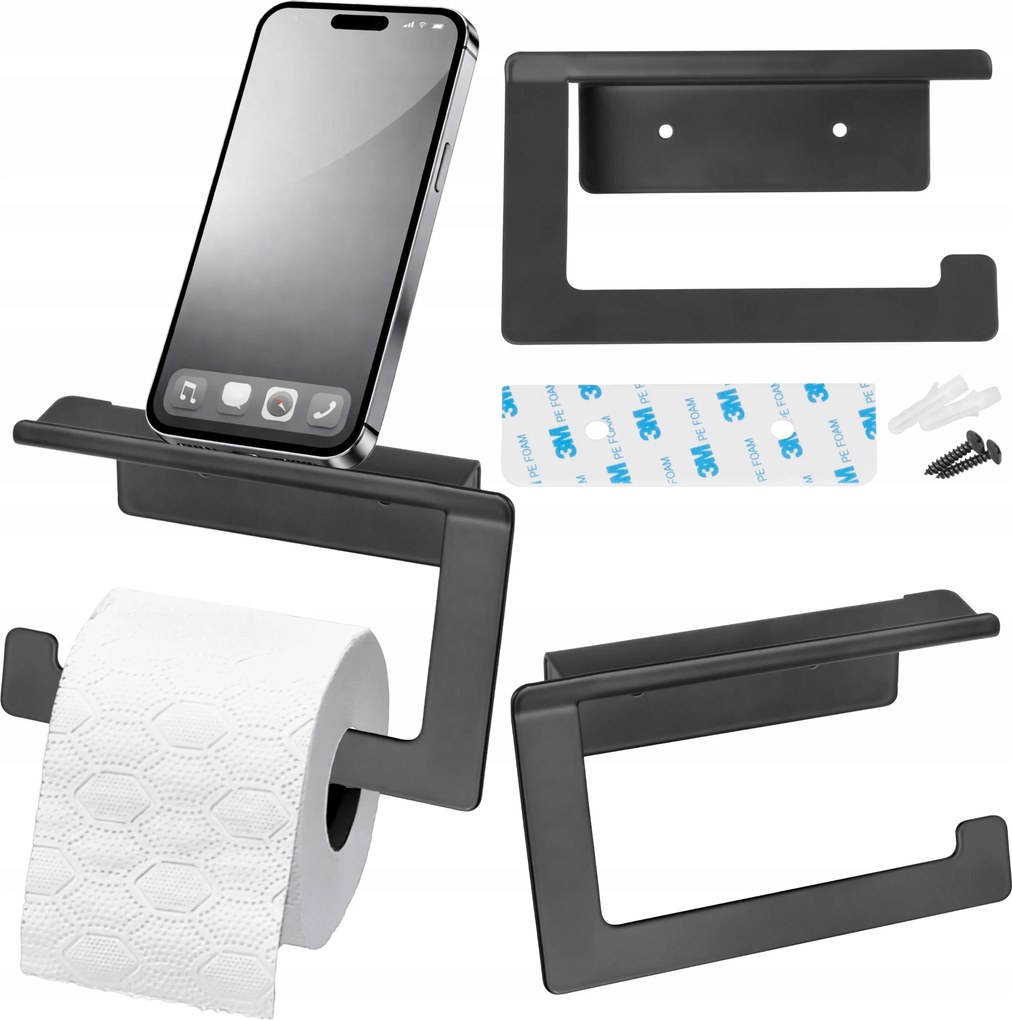 WC-papír tartó telefontartó polccal fekete öntapadós Loft