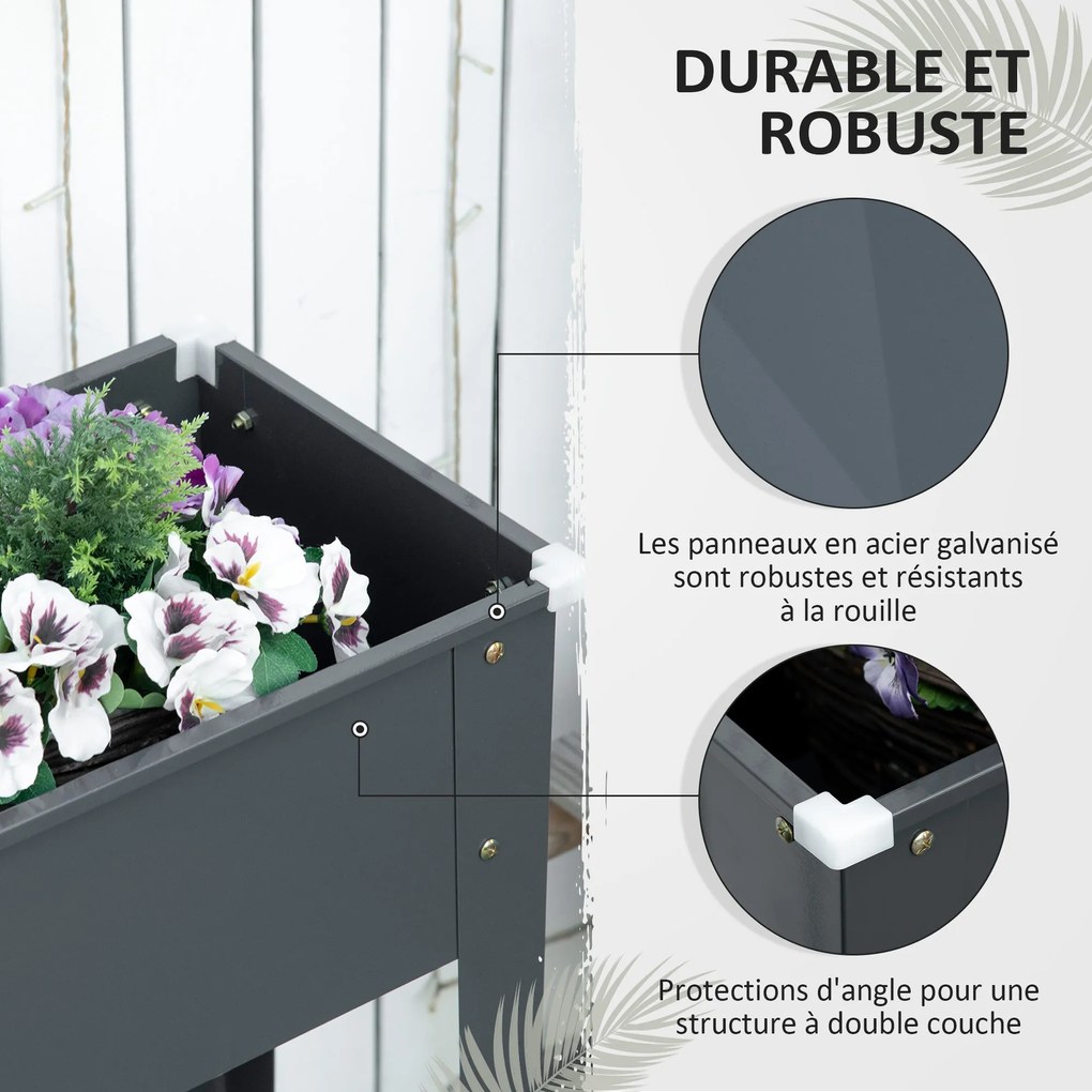 Outsunny Emelt Ágyás Ültető Tálca Lábakon Négyzetes 100 x 30 x 80 cm Drainázs Lyukkal - Tűzforró Galvanizált Acél Szürke | Aosom