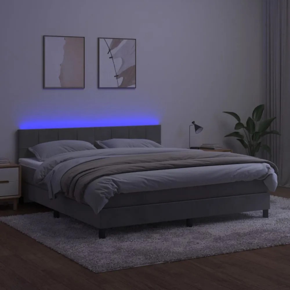 vidaXL világosszürke bársony rugós és LED-es ágy matraccal 180x200 cm