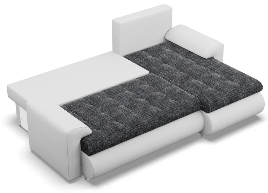 Tokio sarokkanapé, 2 ágyneműtartóval, fonott + műbőr, jobboldali, sötétszürke - fehér