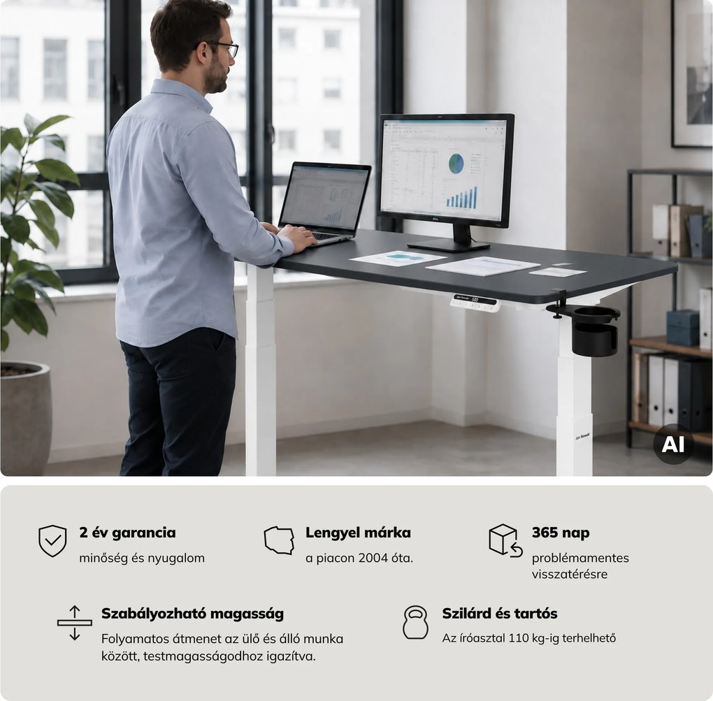 Elektromos, állítható magasságú, ergonomikus, fehér-antracit íróasztal,1400x700 mm: ARIA