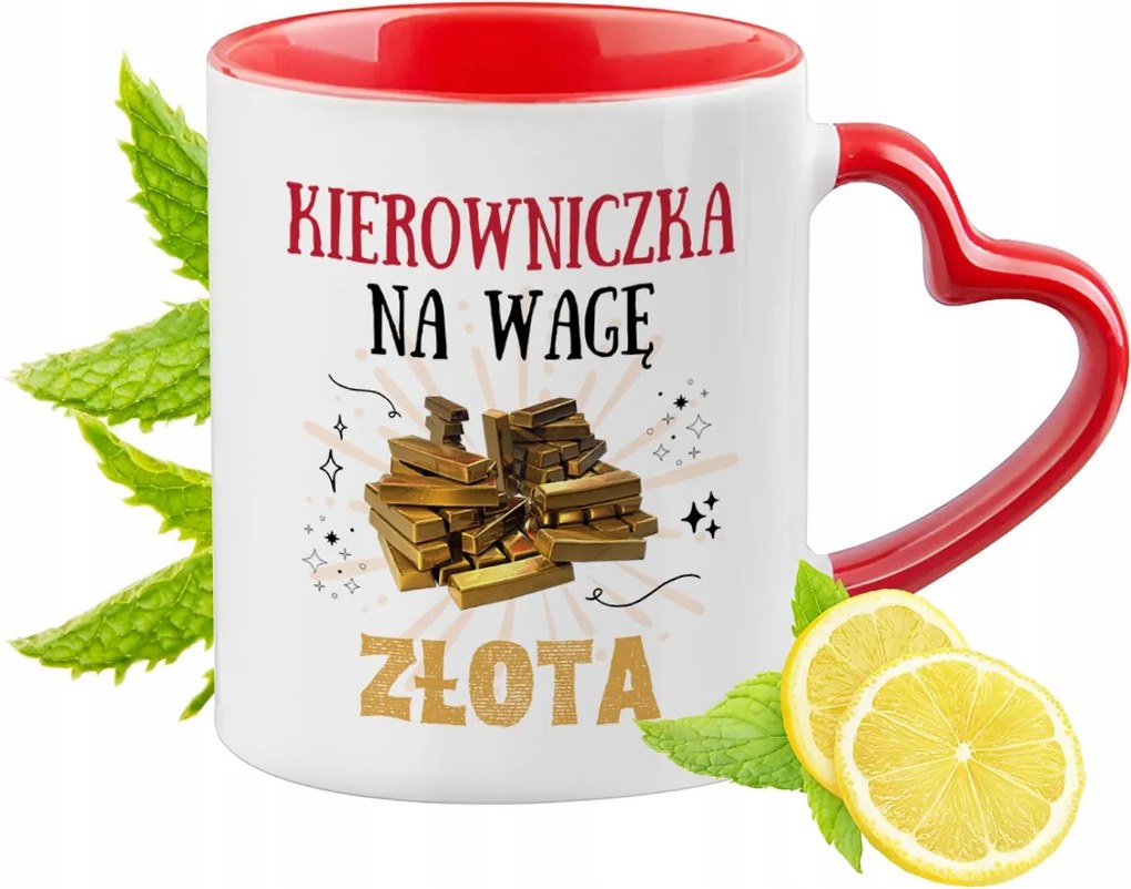 Piros bögre szív alakú füllel a vezetőnek ajándékba