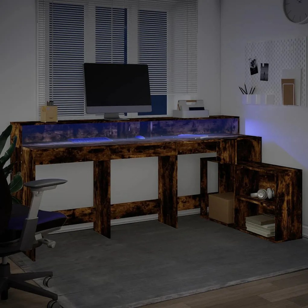 füstös tölgy színű szerelt fa íróasztal LED-ekkel 200x104x91 cm