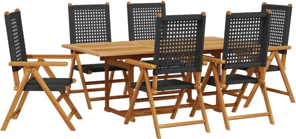 vidaXL 7 részes fekete polyrattan és tömör fa kerti étkezőgarnitúra