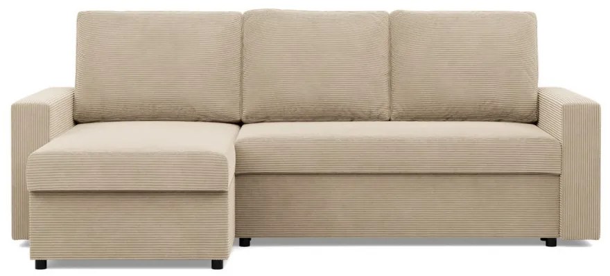 Zeus sarokkanapé, 2 ágyneműtartóval, egyenes kartámasz, kordbársony, univerzális oldal, hab töltet, bézs