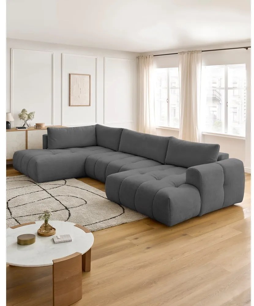 Sötétszürke kinyitható-tárolóhelyes sarokkanapé (bal oldali-U alakú) Fuji – Bobochic Paris