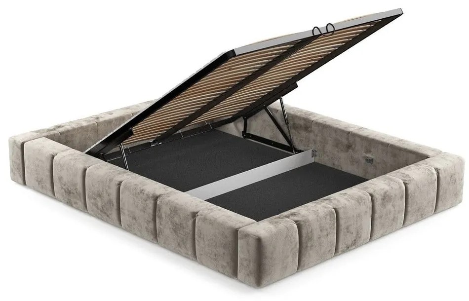 Bézs kárpitozott ágyneműtartós franciaágy ágyráccsal 200x200 cm Aruba L – Maison de Rêve