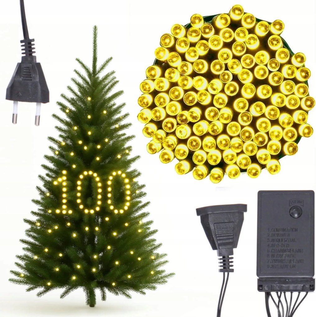 Karácsonyfa Fényfüzér 100 Led Erős Sárga Programozó