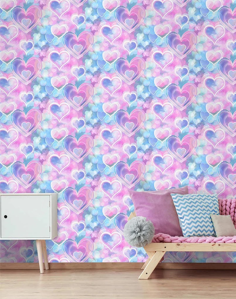 Holden Decor Adventure Awaits Neon Hearts kék-lila szíves papír tapéta – 13785