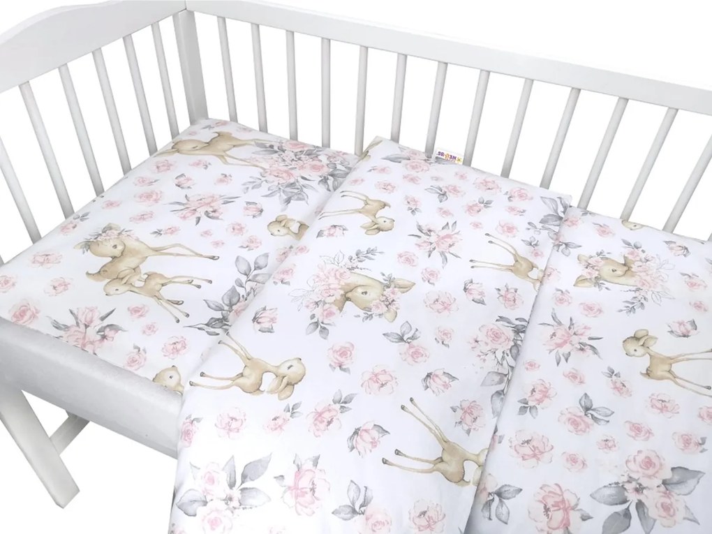Baby Nellys 2-dílné pamut ágynemű, Őz és rózsák - rózsaszín 135x100