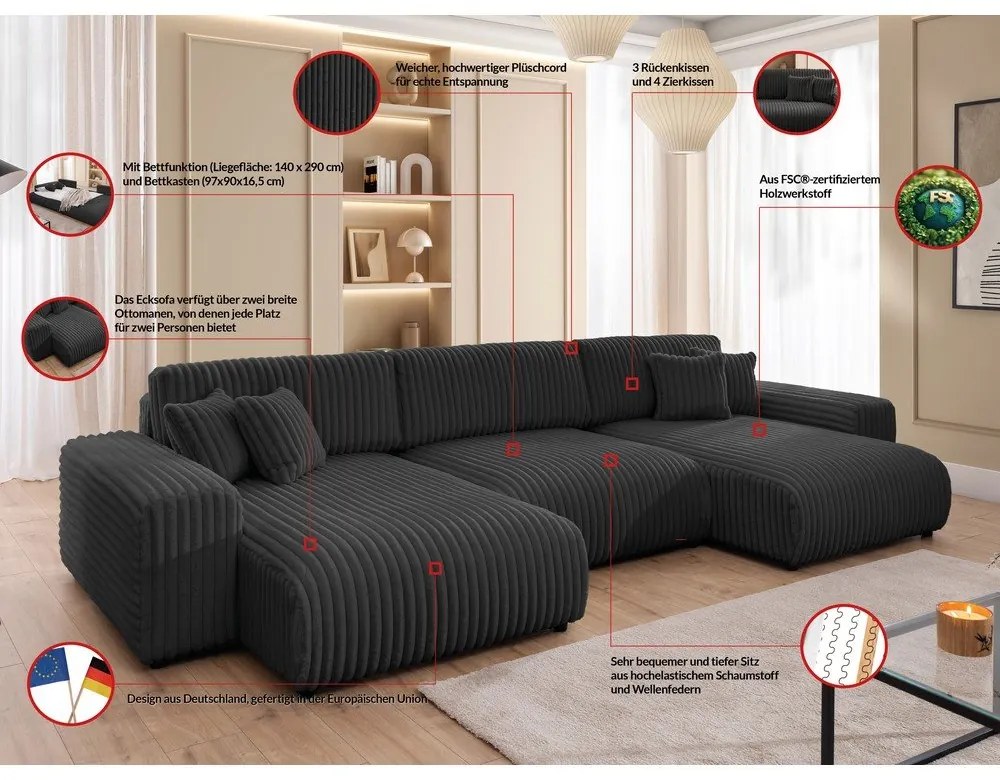 Sötétszürke kordbársony kinyitható-tárolóhelyes sarokkanapé (U alakú) Sarina – Ropez