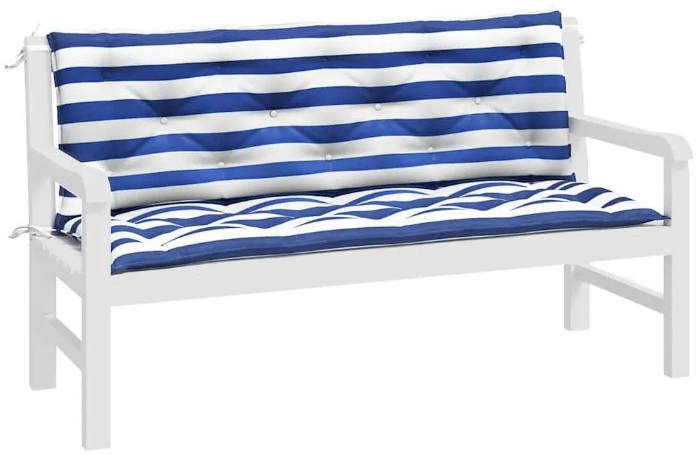 2 db kék és fehér csíkos szövet kerti padpárna 150 x 50 x 7 cm