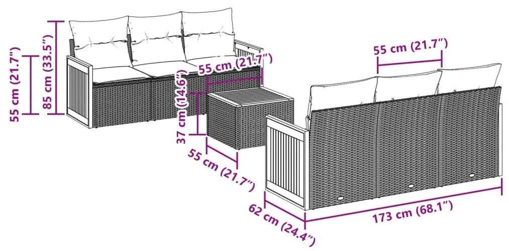 7 részes fekete polyrattan kerti ülőgarnitúra párnával