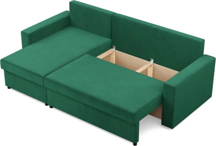 Zeus sarokkanapé, 2 ágyneműtartóval, egyenes kartámasz, bársony, univerzális oldal, bonell töltet, zöld