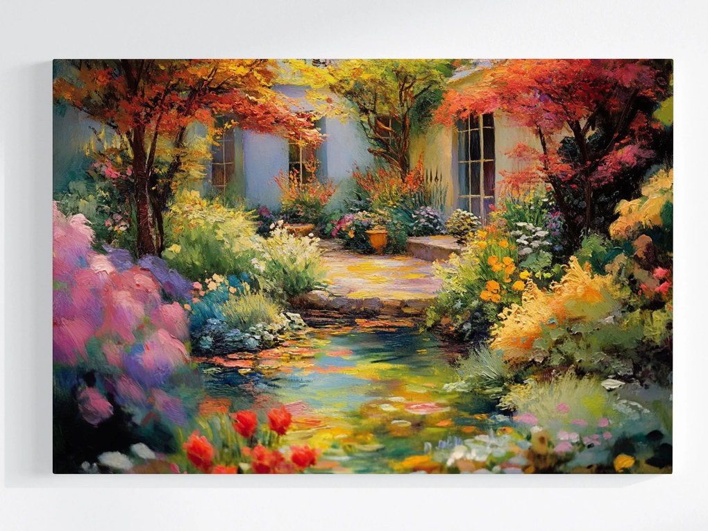 Vászonkép Canvas Tájkép Természet Ház Kert Növények Virágok Tó 60x40