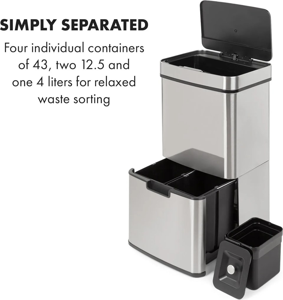 Klarstein Touchless, szemetes, szenzoros, 72 l, 4 tartály, ABS / PP / rozsdamentes acél