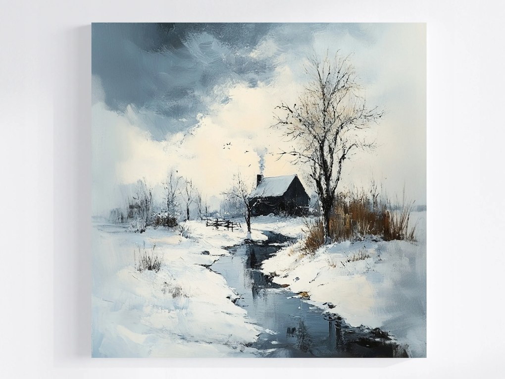 Vászonkép Canvas Tájkép Tél Hó Fagy Patak Ház Kunyhó 80x80