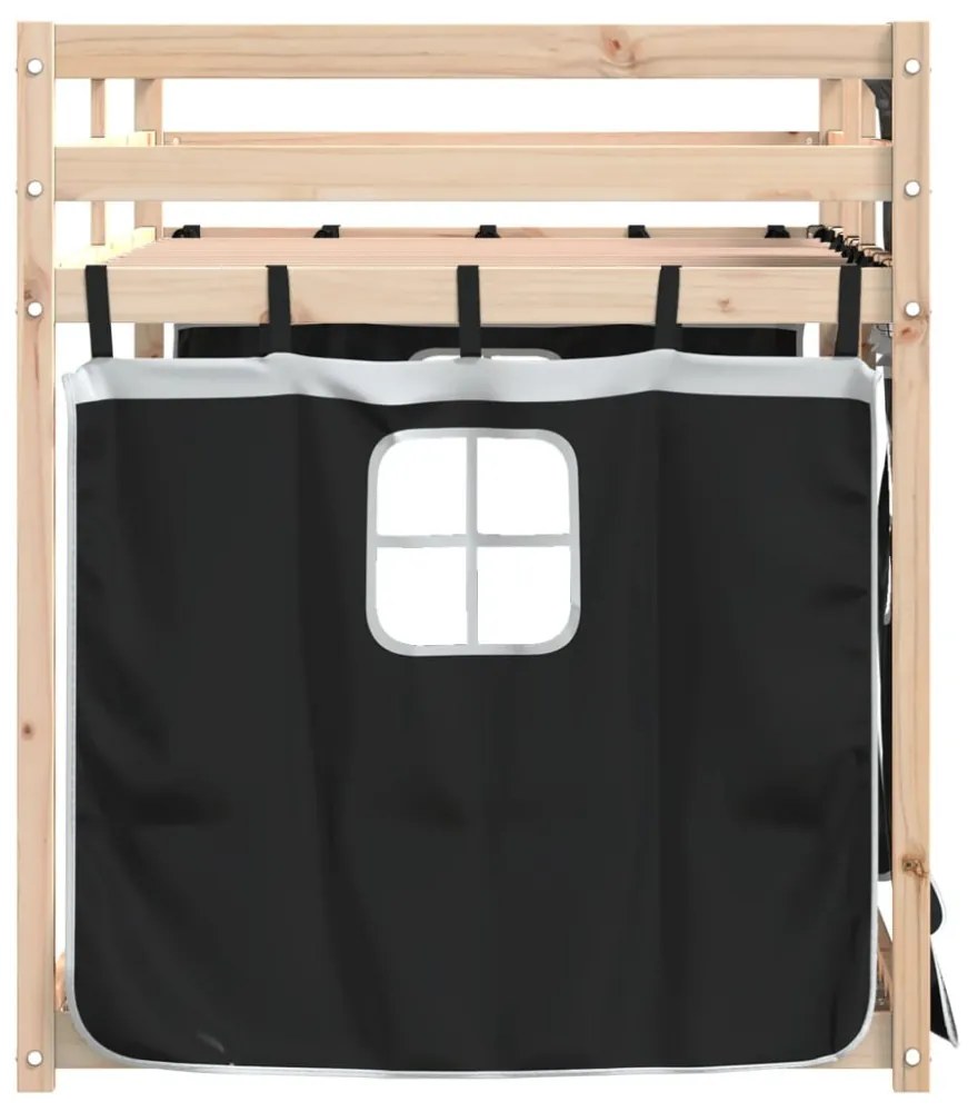 fehér/fekete tömör fenyőfa emeletes ágy függönyökkel 90x190 cm