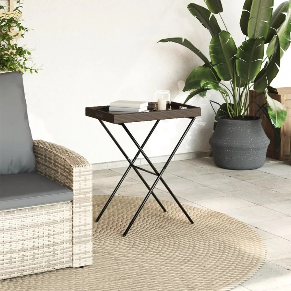 barna összecsukható polyrattan tálcaasztal 65 x 40 x 75 cm