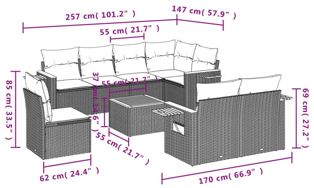 9 részes bézs polyrattan kerti ülőgarnitúra párnákkal