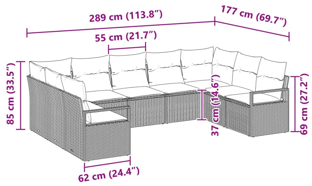 Kanapé Szett párnával 9 pcs Világosszürke polirattan