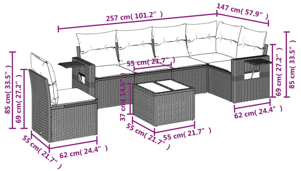 7 részes szürke polyrattan kerti ülőgarnitúra párnákkal