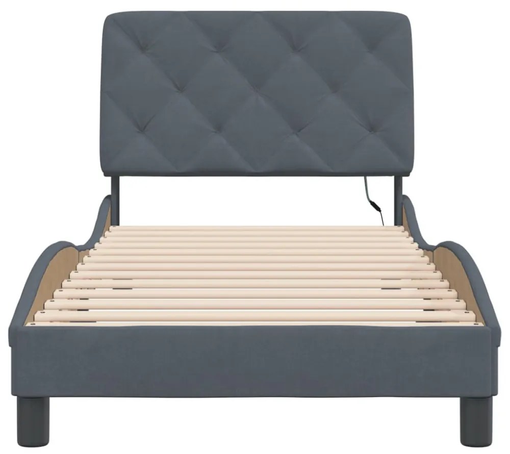 sötétszürke bársony ágykeret LED-ekkel matrac nélkül 90 x 200 cm