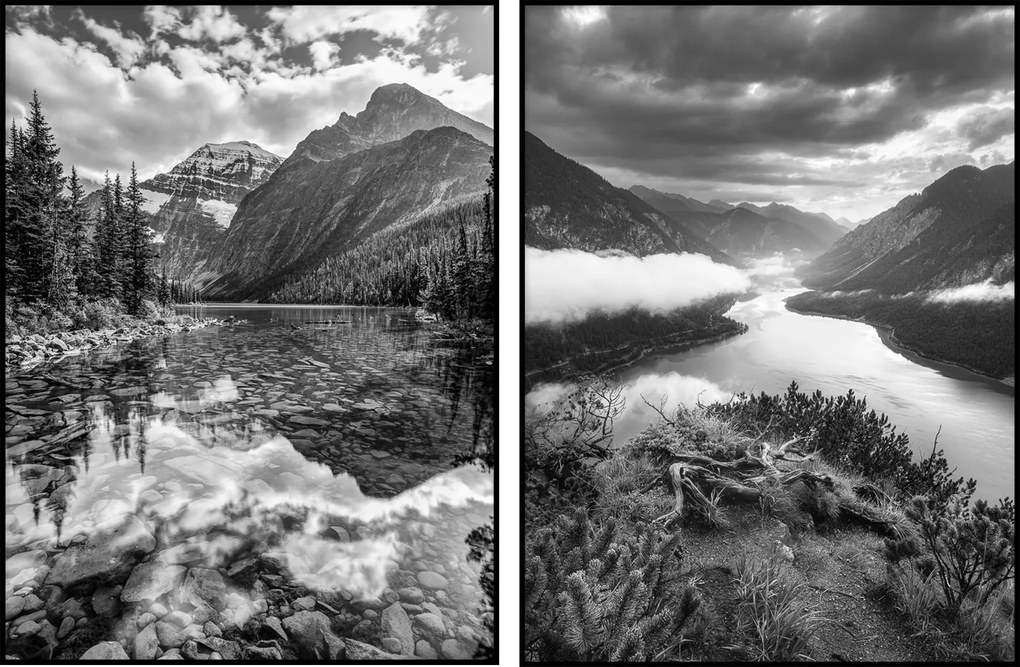 2db Poszter fekete-fehér hegyek folyó erdő 50x70cm