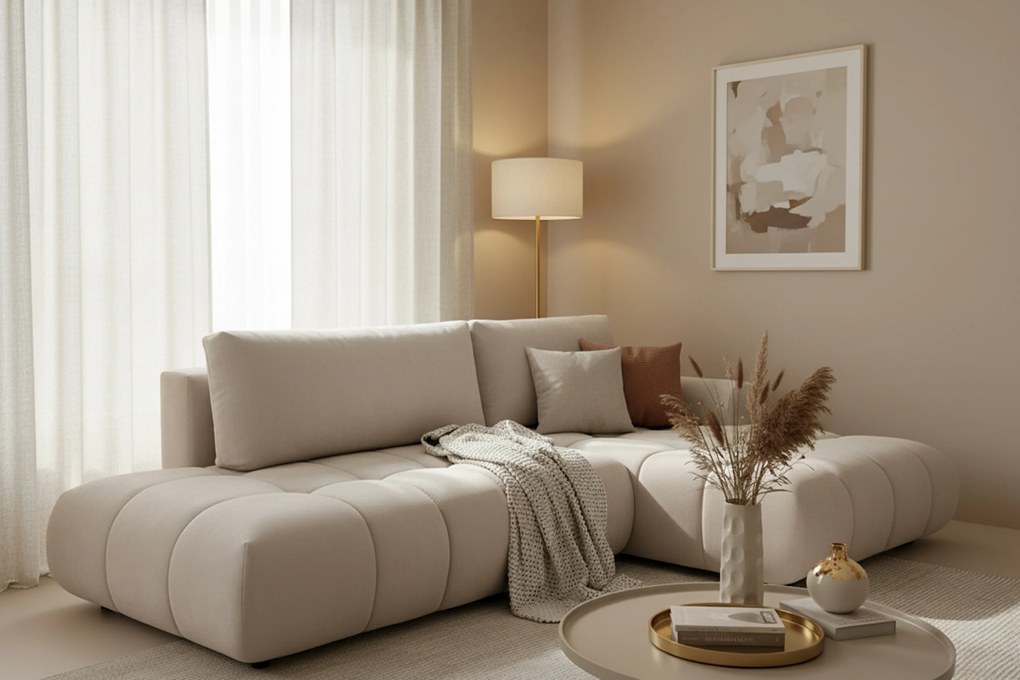 Lutario L II jobb oldali sarokkanapé ágyneműfunkcióval - bézs Venice 2026 vízlepergető szövet