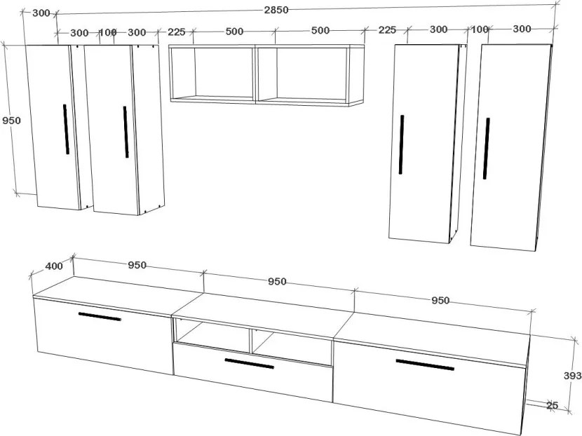 Kos V4 nappali szekrénysor, Fekete / Fényes fehér, MDF, 285 cm