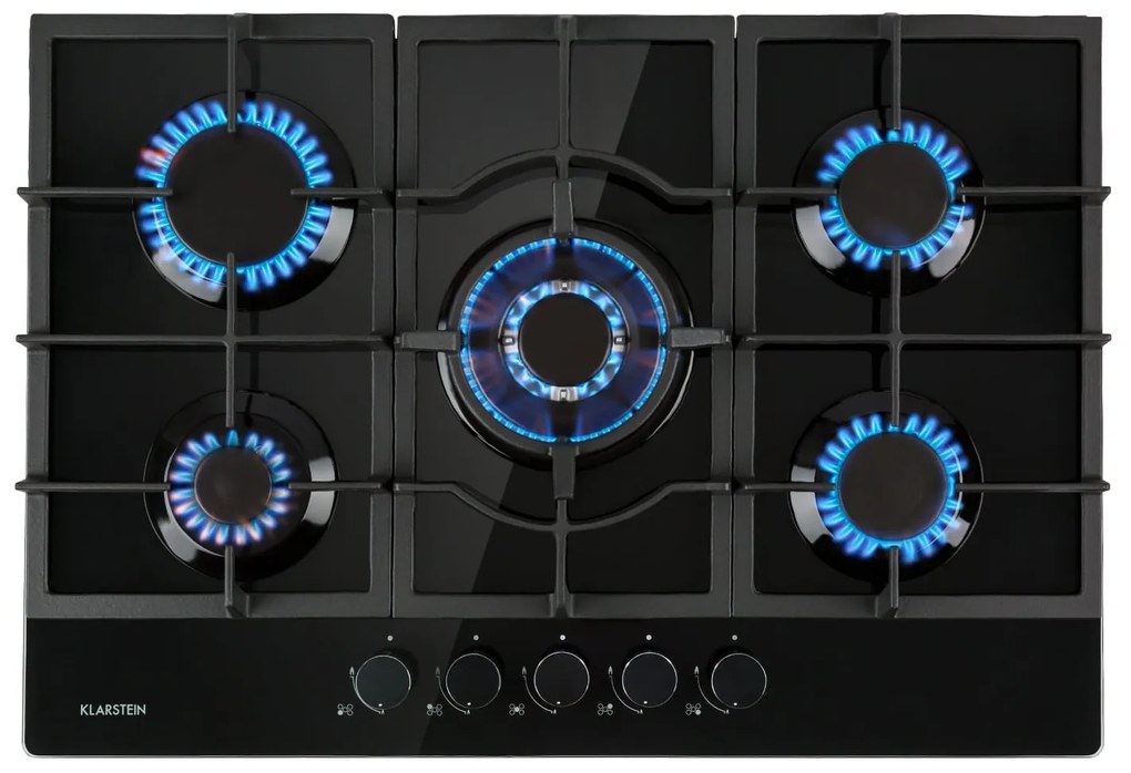 Klarstein Ignito 5, gázfőzőlap, 5 Sabaf égő, üvegkerámia, fekete