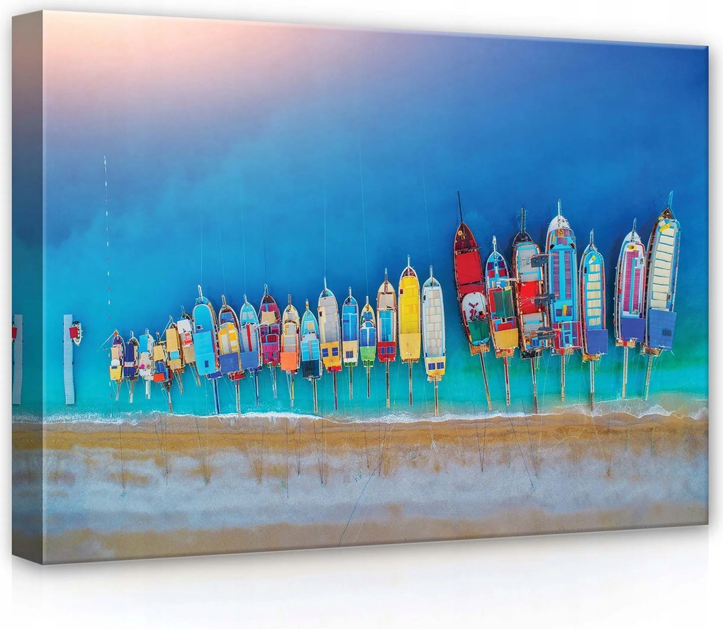 Vászonkép 70x50 Színes hajók kikötött türkiz homok nyugalom tenger