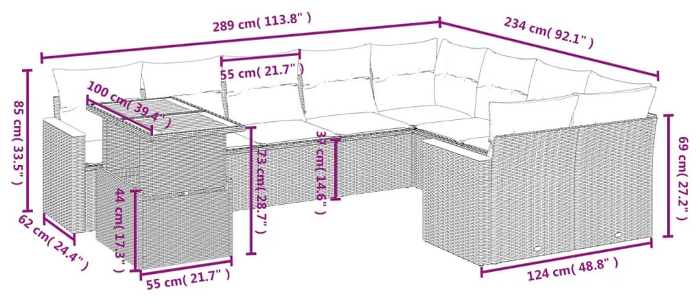 10 részes szürke polyrattan kerti ülőgarnitúra párnákkal