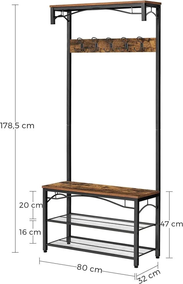 Előszoba fogas polccal, akasztókkal, cipőtartóval és ülőkével, rusztikus barna 80x32x178cm