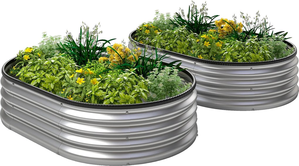 Outsunny 2 db fém emelt ágyás, 135 x 90 x 30 cm — ovális, nyitott aljú virágládák gumiperemmel, védőkesztyűvel | Aosom