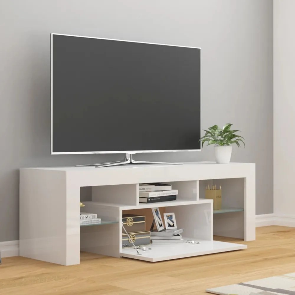 magasfényű fehér TV-szekrény LED-lámpákkal 120 x 35 x 40 cm