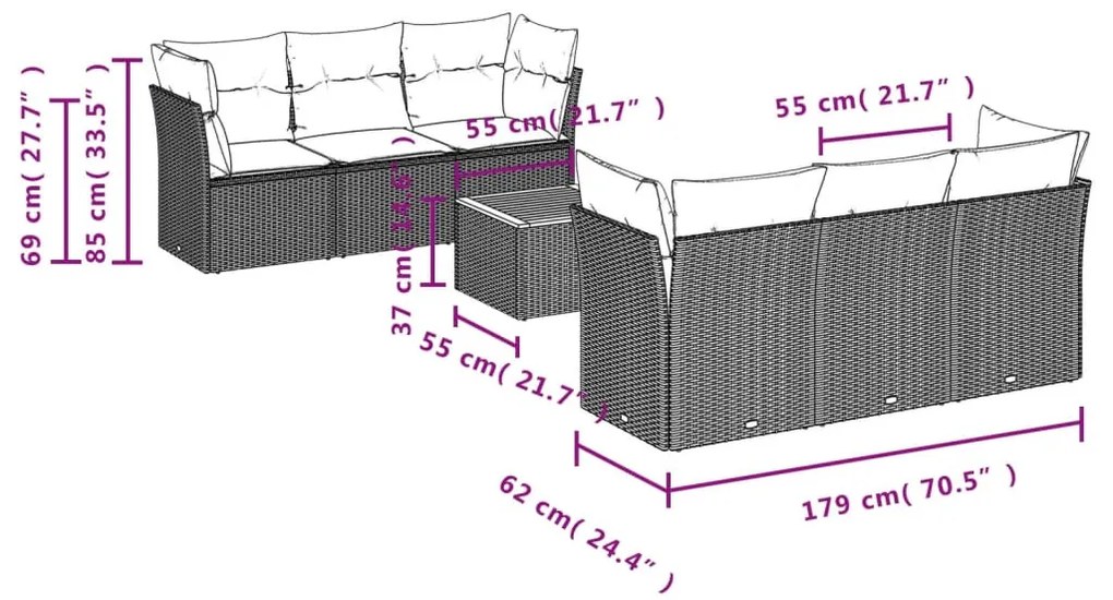 7 részes fekete polyrattan kerti ülőgarnitúra párnával