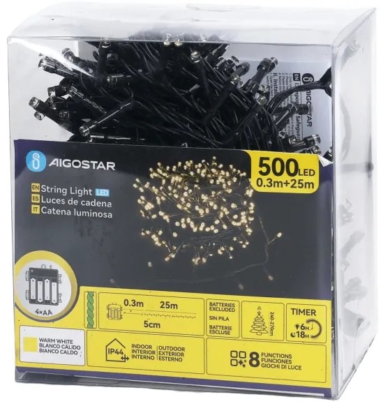 Aigostar - LED kültéri fényfüzér 500xLED/8 funkció 4xAA 25,3 m meleg fehér