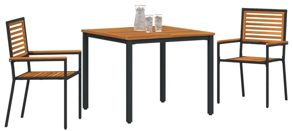 3 darabos kerti étkezőszett fekete műrattan akáccal, Egymásra rakható kerti székek párnákkal 2 db fekete műrattan, Kerti asztal 90x90x75 cm tömör akácfa és fém