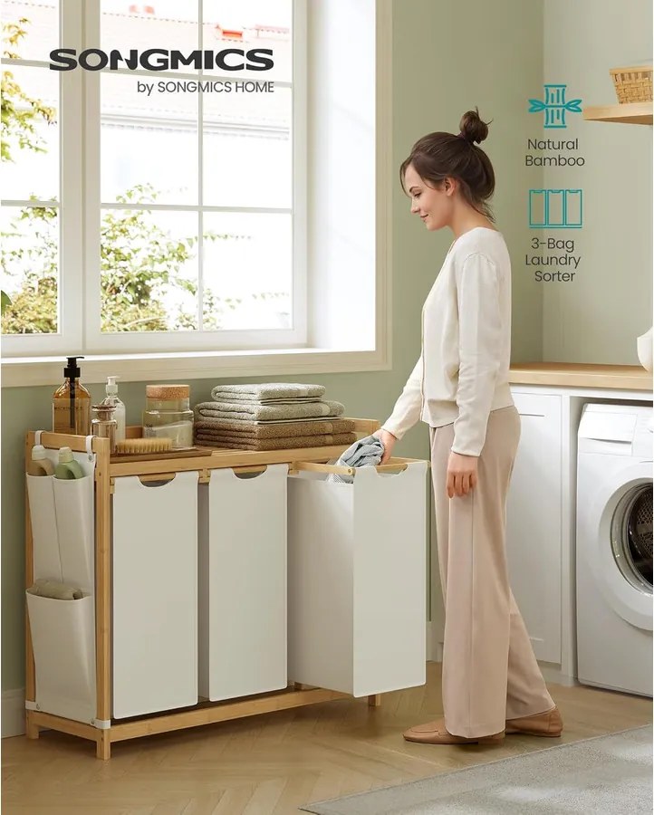 Szennyeskosár 3 rekesszel, 3 x 50 l, 94 x 33 x 78 cm, krémfehér