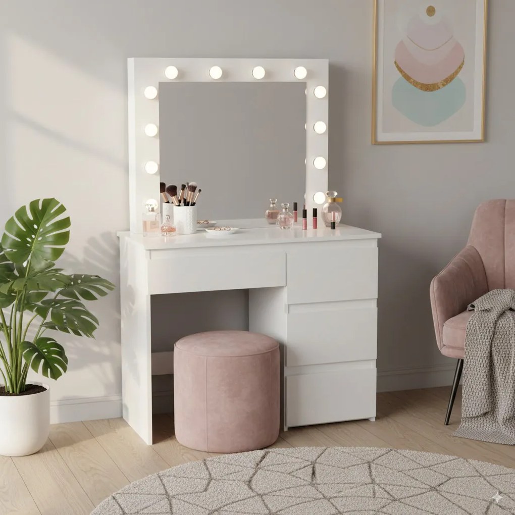Fehér fésülködőasztal világítással és 4 fiókkal 94 cm x 43 cm x 140 cm