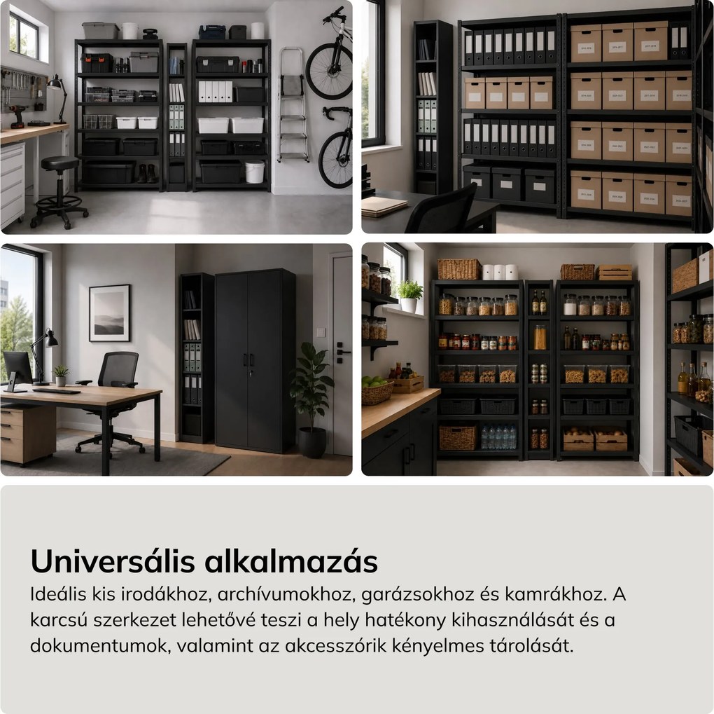 Keskeny fém archiváló polc dokumentumokhoz, fekete, 250x1850x600 mm: TIM