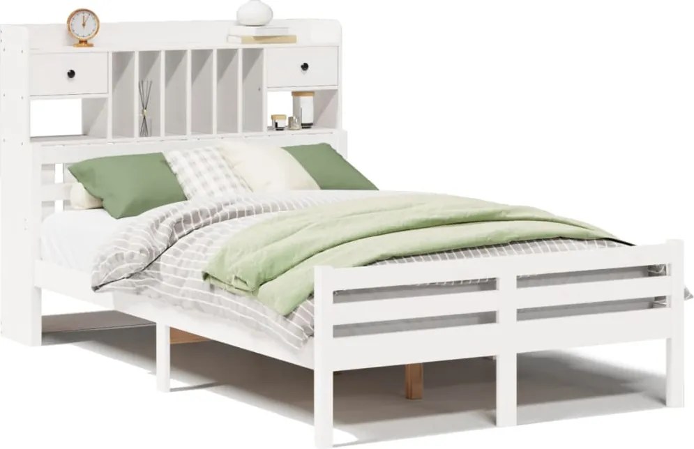 vidaXL fehér tömör fenyőfa könyvespolcos ágy matrac nélkül 135x190 cm