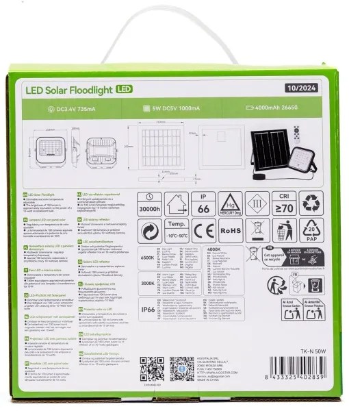 Aigostar - Fényerőszabályozható napelemes LED reflektor LED/50W/3,4V IP66 + távirányító