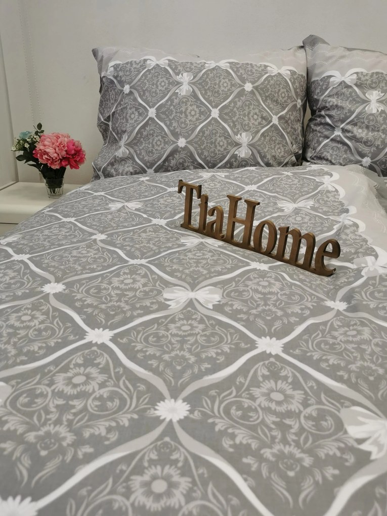 Vintage szürke Szalag pamut ágynemű TiaHome - 1x Párna 90x70cm, 1x Paplan 140x200cm