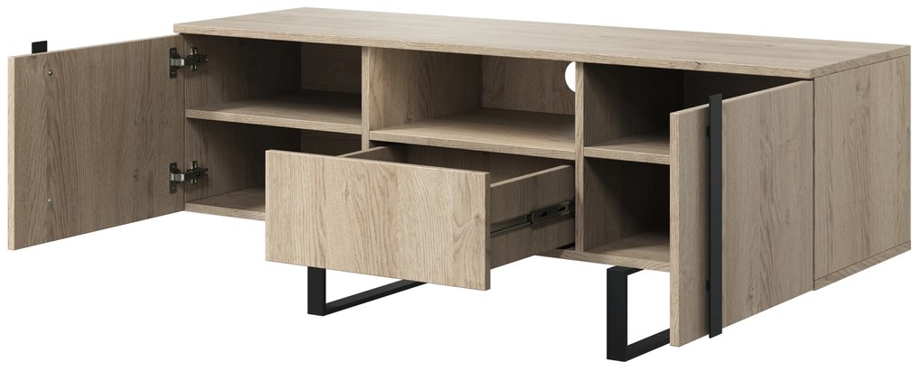 Verica 150 cm-es TV-szekrény nyitott polccal - szivacsos tölgy / fekete lábak