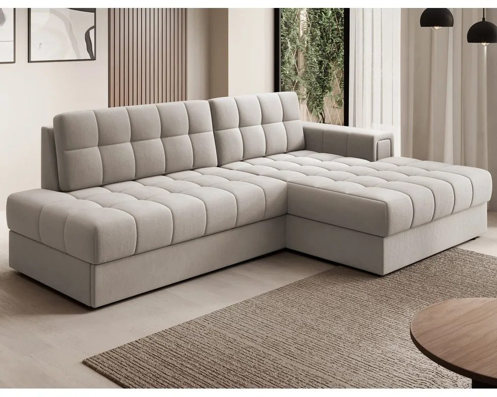 Bézs bársony kinyitható sarokkanapé (jobb oldali-heverő résszel) Blezalt – ELTAP